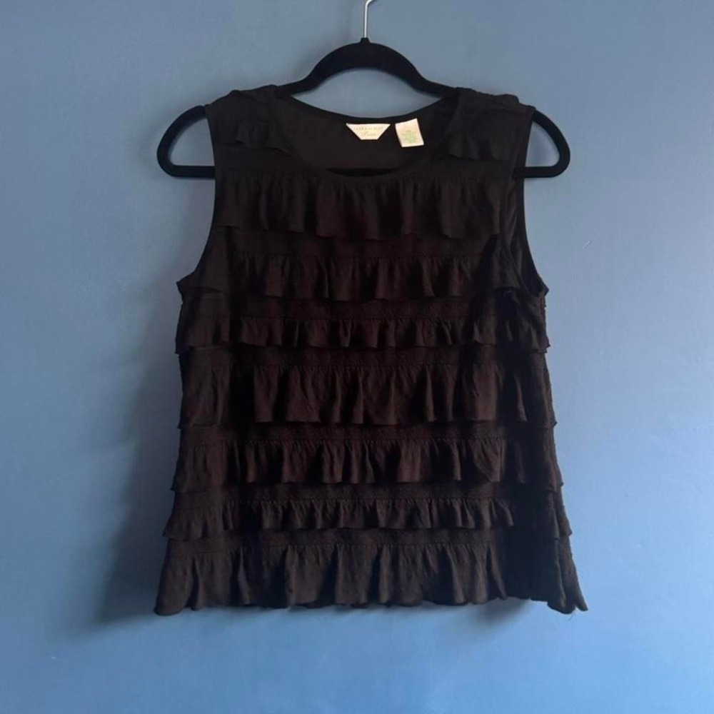 Laura Ashley Black Ruffle Tank Top Women's Size Medium Petite Summer Basic